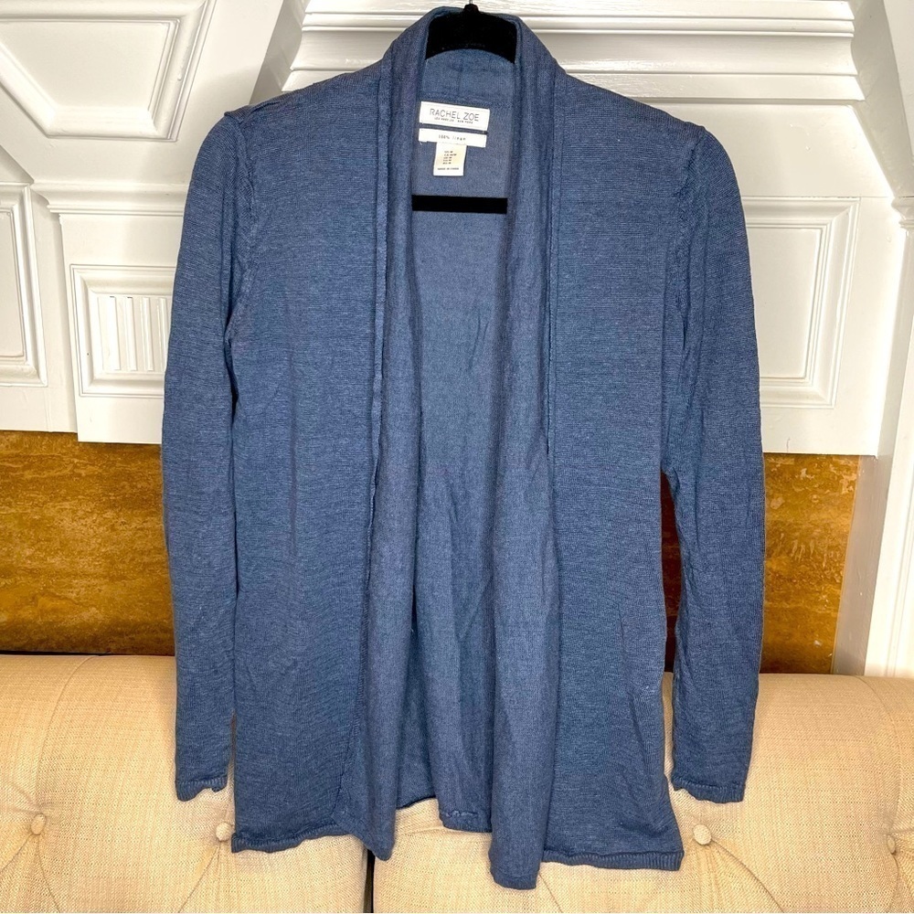 Bh:  Rachel Zoe 100% linen Size M light blue open front cardigan sweater